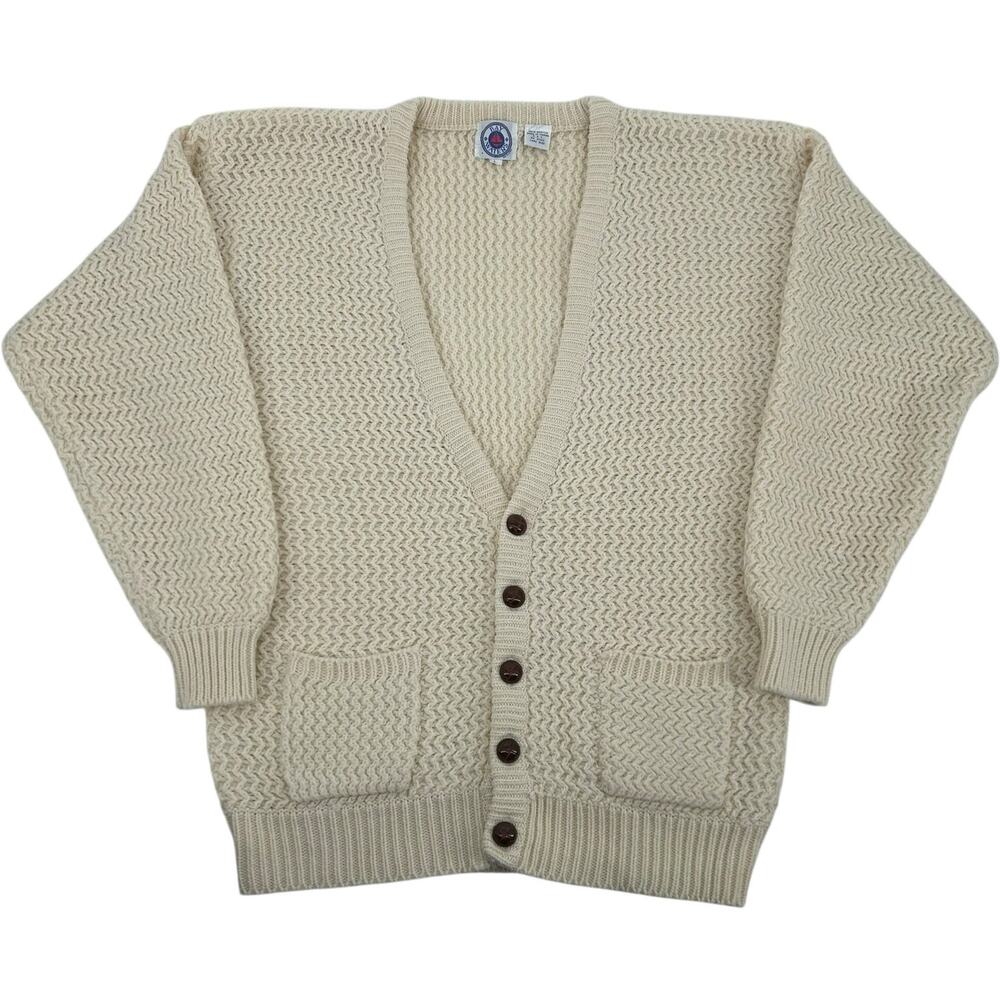 Vintage 80s 90s Men's L Bay Waters cream zig zag knit button up Cardigan sweater
